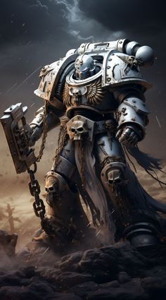 a warhammer is standing in the middle of a desert with chains on his legs