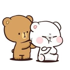 two brown and white teddy bears standing next to each other on a light pink background