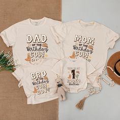 three t - shirts with the words'dad, me and my birthday boy'written on them