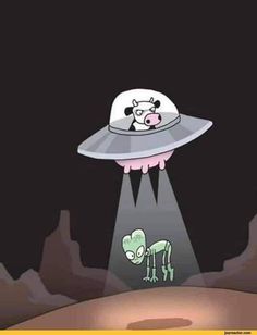 an alien is flying in the sky with a cow on it's head and another creature