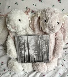 two stuffed animals sitting on top of a bed next to a book with an image in it