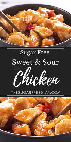 the sugar free sweet and sour chicken is ready to be eaten with chopsticks