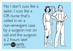 two people standing next to each other in front of a sign that says no i don't cuss like a sailor, i cuss like a nurse