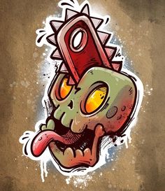 a drawing of a zombie head with yellow eyes and an orange eyeball in its mouth