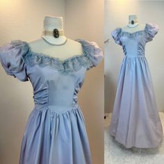 "Vintage Volup  1940's Puff Sleeve Dress / 1940s dress / 40s dress / 1940s puff sleeve / 40s sleeve  This 1940's ombre beauty is a timeless classic. Though she is a late 30s, early 1940s dress her cut, fabric and condition make her a must have special event dress. She has shoulder netting and lace that is a light baby blue, but as soon as her fabric starts we see lavender slowly come through. Her ombre gradient color from head to toe is so well executed and is stunning. She is baby blue on the shoulders and a lovely lavender at her floor length hem. In addition to her netting, lace, and ombre she has a gathered bodice, a princess waistline and a full and long skirt. She is truly stunning in person. Measurements provided are flat and have been doubled. Bust 40\" Waist 34\" Hips free Length Puffed Sleeves Dress Vintage, 1940s Formal Fashion, Fitted Vintage Dress With Ruffles And Puff Sleeves, Fitted Puff Sleeve Dress For Costume, Fitted Vintage Puff Sleeve Dress For Party, Fitted Puff Sleeve Costume Dress, Fitted Regency Style Vintage Dress For Vintage Fashion, Fitted Victorian Dress For Vintage Fashion, Fitted Short Sleeve Vintage Dress For Costumes