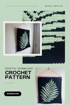 the crochet pattern is shown in black and white, with a fern leaf on it