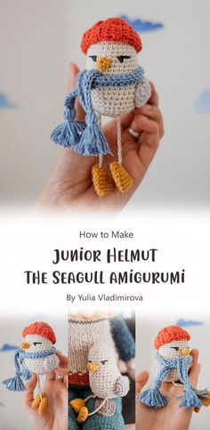 a hand holding an amigurm doll with the words, how to make junior helmut the seagull amigurmi