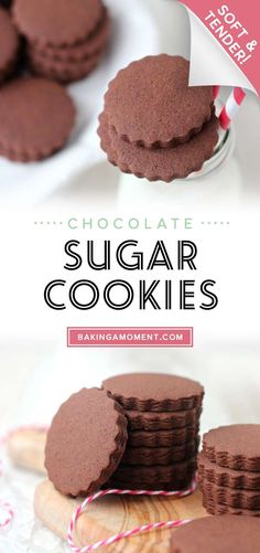 chocolate sugar cookies are stacked on top of each other with the words, chocolate sugar cookies