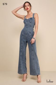 Everyone will wanna copy your perfect style in a look like the Lulus Trendsetting Personality Medium Wash Denim Backless Jumpsuit! Sturdy, woven cotton denim shapes this iconic jumpsuit that has wide straps and a seamed bodice with a sweetheart neckline. Slender straps tie across the stunning open back, creating an ultra-summery effect. Figure-flaunting waist tops wide legs with paneled seaming that finish at ankle-length hems. Hidden zipper/clasp at back. Fit: This garment fits true to size. Le Jumpsuit Denim, Jumpsuit Blue, Backless Jumpsuit, Perfect Style, Wide Legs, Denim Jumpsuit, Woven Cotton, Wide Straps, Cotton Weaving