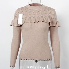 ruffle slim knitted hollow out long sleeve