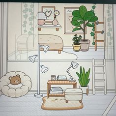 a drawing of a living room filled with furniture and a teddy bear sitting on a pillow