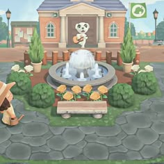 an animal crossing the street in front of a building with a fountain and people sitting on benches