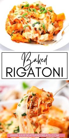 two plates filled with different types of food and the words baked rigatoni above them