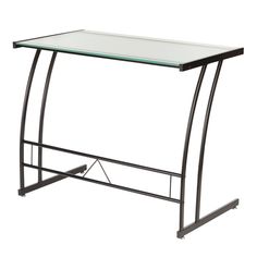 a glass and metal desk with a black frame on the top, against a white background