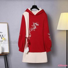 Qteee - Exquisite Drogon Embroidery Lace-Up Hooded Sweatshirt Dress with Vintage Touch Cheap Red Embroidered Sweatshirt, Red Hooded Sweatshirt With Embroidered Graphics, Vintage Winter Sweatshirt With Double-lined Hood, Red Crew Neck Sweatshirt With Double-lined Hood, Red Cotton Sweatshirt With Double-lined Hood, Red Season, Hooded Sweatshirt Dress, Embroidery Lace, Sweatshirt Dress