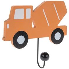 an orange toy truck is hanging on a hook