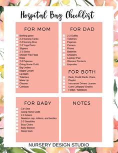 the hospital bag checklist for mom is shown in pink and green flowers on a white background