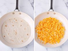 two pictures showing how to make cheese tortillas in a skillet and then being cooked