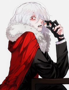 an anime character with white hair wearing a red coat and holding scissors in his hand