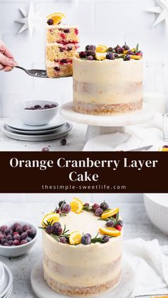 an orange cranberry layer cake with fresh berries on top is being cut from the cake