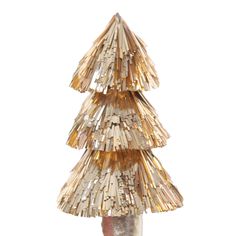 a small christmas tree made out of wooden sticks and tinsels on a white background