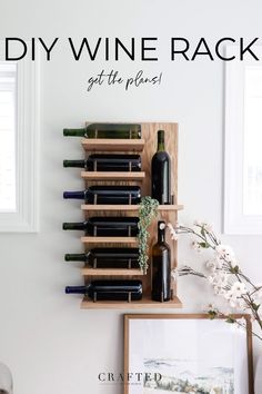 a wine rack with several bottles on it and the words diy wine rack get the plans