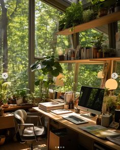 a home office with lots of plants in the window sill and shelves full of books