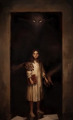 a painting of a woman standing in front of a door with her hands out to the light