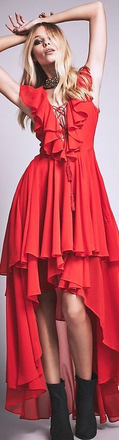 Free People Spring 2016 Ruffle Layered Dress, Casual Chiffon Dress, Flowy Gown, Red Ruffle Dress, Bohemian Dresses Long, Tiered Ruffle Dress, Women Lace, Red Fashion