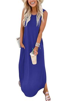 Trendy European and American tie-dye printed sleeveless side slit dres - Nord Maxi Dress Summer Beach, Pocket Dresses, Estilo Hipster, Maxi Dress Outfit, Summer Beach Dress, Langer Rock, Split Maxi Dress, Royal Blue Dresses, Women Maxi