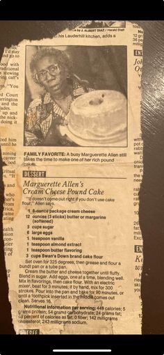 a piece of paper that has some type of newspaper on it with an image of a woman holding a cake