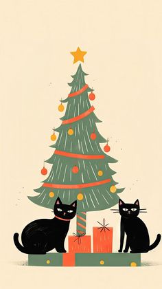 two black cats sitting next to each other near a christmas tree with presents under it