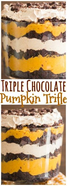 triple chocolate pumpkin trifle cake in a glass jar with the words triple chocolate pumpkin trifle on top