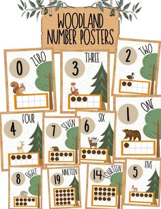 printable woodland number posters for kids to practice counting and subtracing the numbers