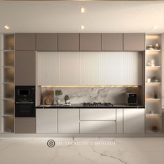 a modern kitchen with marble counter tops and white cabinets, along with built - in shelving