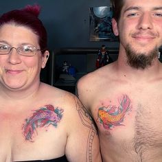 two people with tattoos on their chests