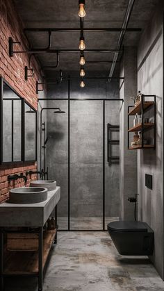 a bathroom with two sinks and a brick wall in the shower area is shown here