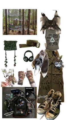 a collage of various items including shoes, clothing and other things in the woods