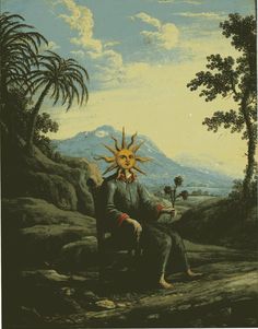 a painting of a man sitting on a rock with the sun above his head and mountains in the background