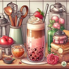 an illustration of a drink with whipped cream and strawberries in it sitting on a counter