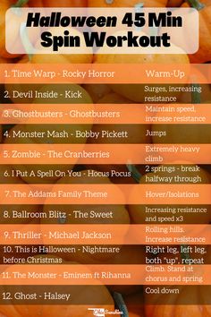 a list of pumpkins with the words halloween 5 min spin workout written below it