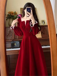 Tavimart Women Elegant Red Christmes Long Sleeve Party Dress Square Co – tavimart Autumn Profile, Red Dress Christmas Party, Long Sleeve Party Dress, Butterfly Sleeve Dress, Camera Art, Wedding Party Dress, Party Dress Long Sleeve, Number 6, Elegant Red