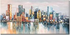 a painting of a cityscape is shown in the foreground with water reflecting off it's surface