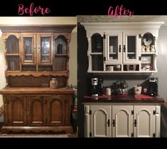 before and after photos of an old hutch turned into a dining room china cabinet