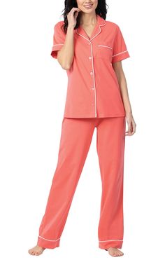 PRICES MAY VARY. Breathable Cotton Jersey - Short sleeve, button-front top and full-length classically styled two-piece pj set; features a notched collar, chest pocket, elegant piping on the trim, and an elastic, drawstring waist. Premium Quality - PJ set is crafted of a high-quality, slightly stretchy, double-brushed jersey fabric that offers season after season comfort; wear it and love it for years to come. Find the Perfect Size - Our pajamas for women have been designed by sleepwear experts Pajamas For Women, Womens Pajamas Pants, Womens Pyjama Sets, Comfort Wear, Soft Shorts, Pajama Sets, Notched Collar, Sleeves (women), Women Set