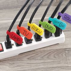 four different types of electrical wires on a board with the words sound, dub, tu and lamp written on them