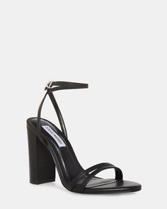 CANDID Black Leather Strappy Block Heel | Women's Heels – Steve Madden Simple Black Heels, Western Bag, Heels Steve Madden, Strappy Block Heels, Steve Madden Store, Black Strappy Heels, Festival Accessories, Leather Wear, Women's Heels