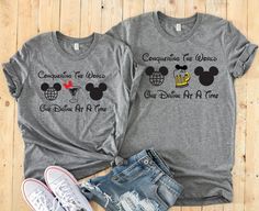 two t - shirts with mickey and minnie mouses on them, one is for each other