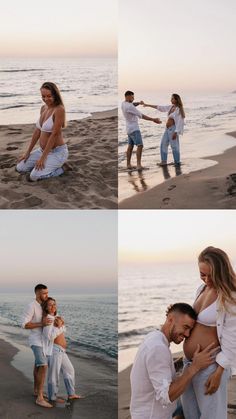 a couple is holding each other on the beach and posing for pictures in front of the water