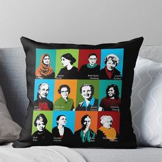 an image of people in different colors on a black background throw pillow with the names of them